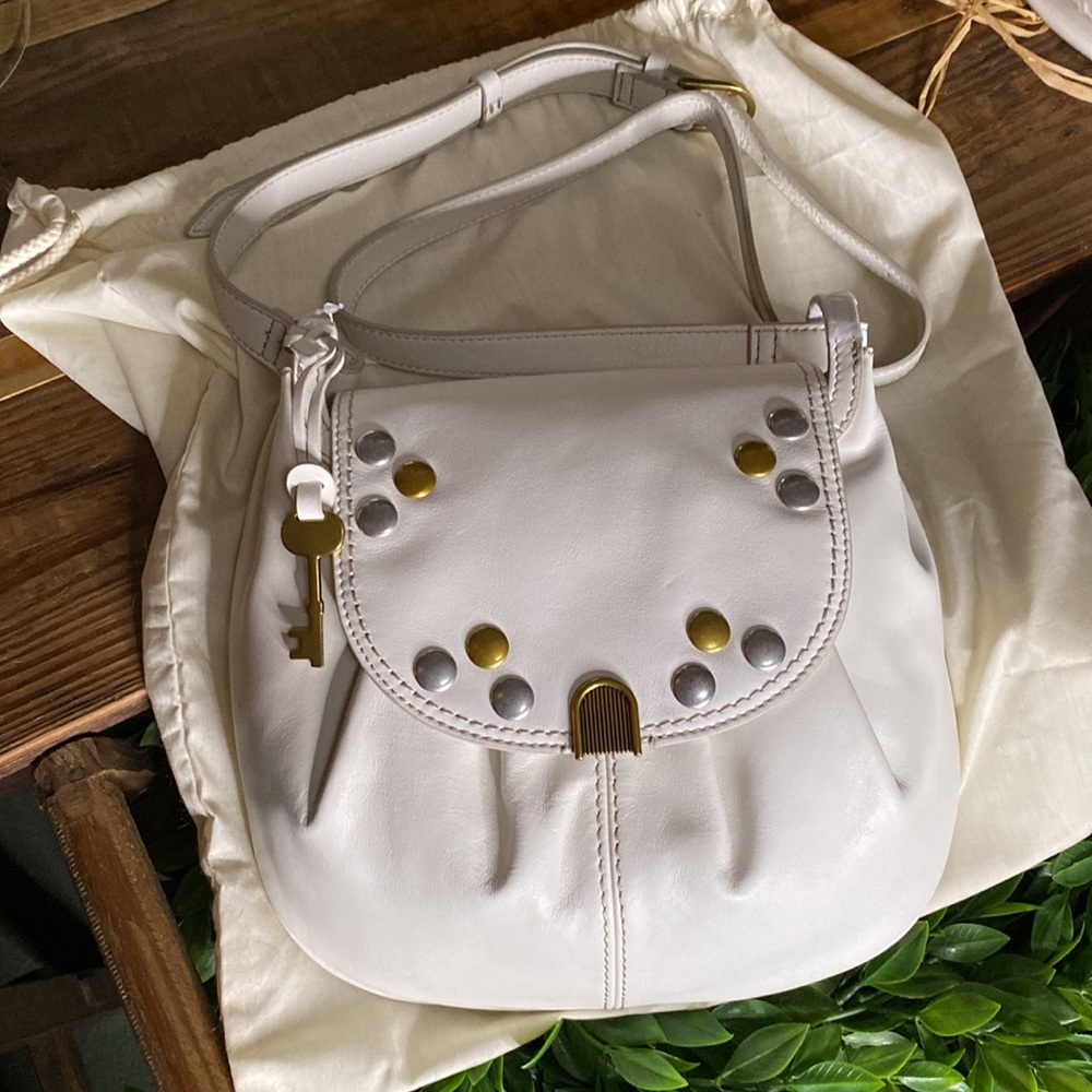 Fossil White Leather GiGi  Studded Flap Closure Adjustable Angora Crossbody Bag